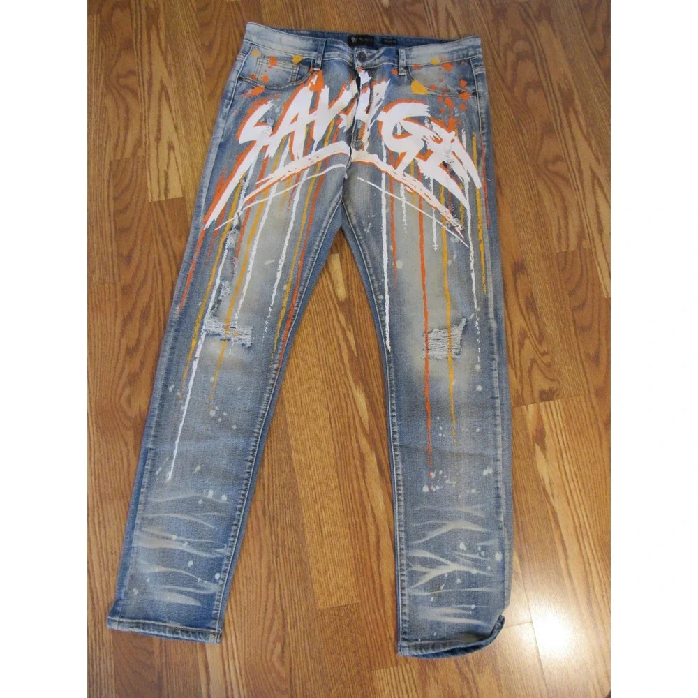 Waimea Savage Graphic Skinny Fit Jeans Light Wash Distressed Splatter Mens 36x32